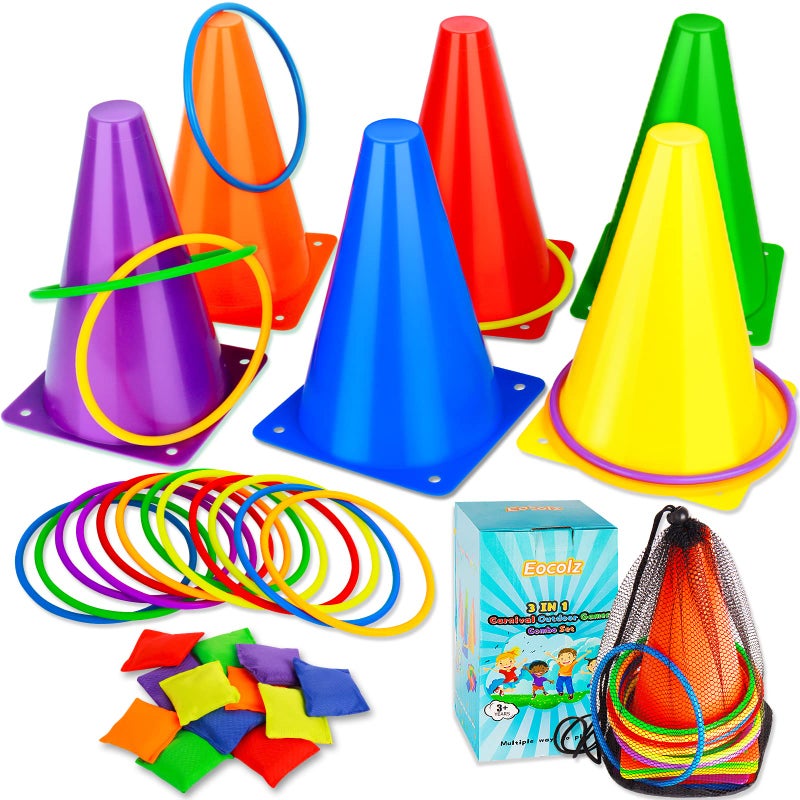 Eocolz 3 in 1 Carnival Games Set, Soft Plastic Cones Bean Bags Ring Toss Games for Kids Birthday Party Outdoor Games Supplies Combo Set - Image 1